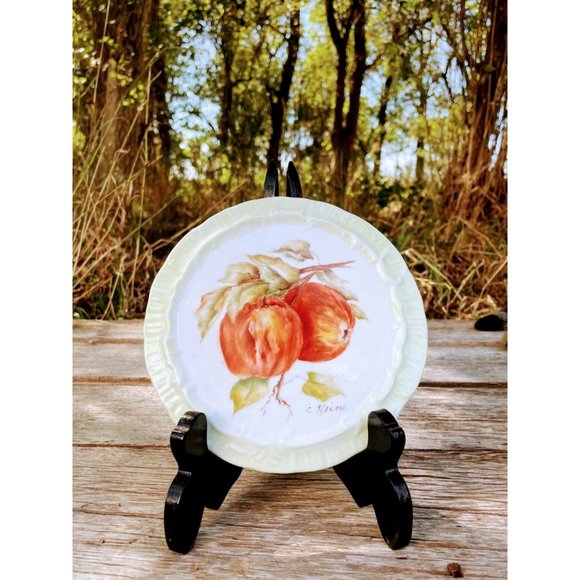 Vintage Porcelain Tea Trivet Hot Plate Hand Painted Peaches - Picture 1 of 10